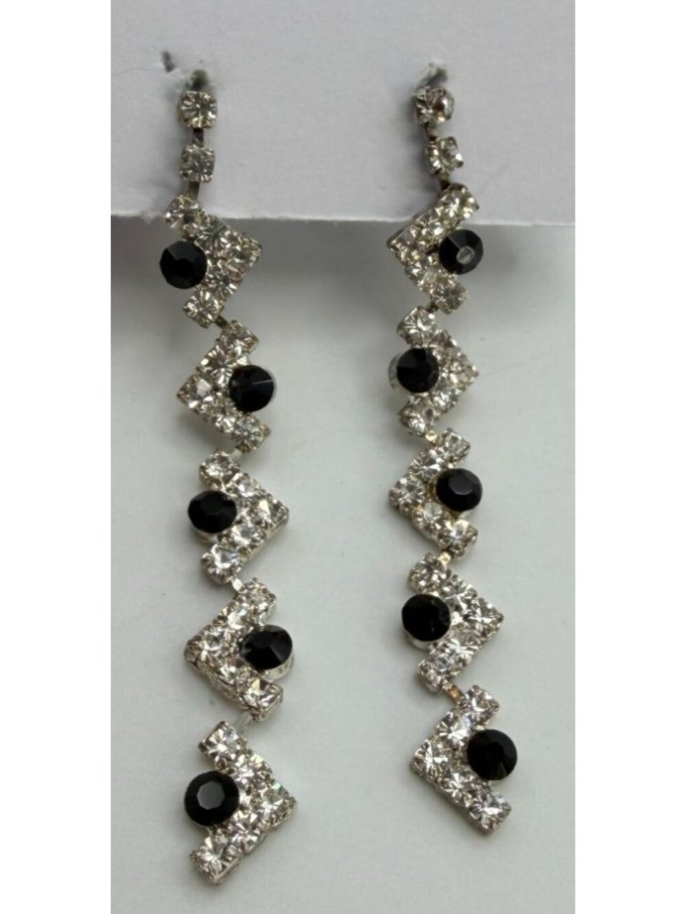 Silver Tone Black Rhinestone Chandelier Drop Dangle Earrings Bridal Prom Evening - Picture 5 of 6